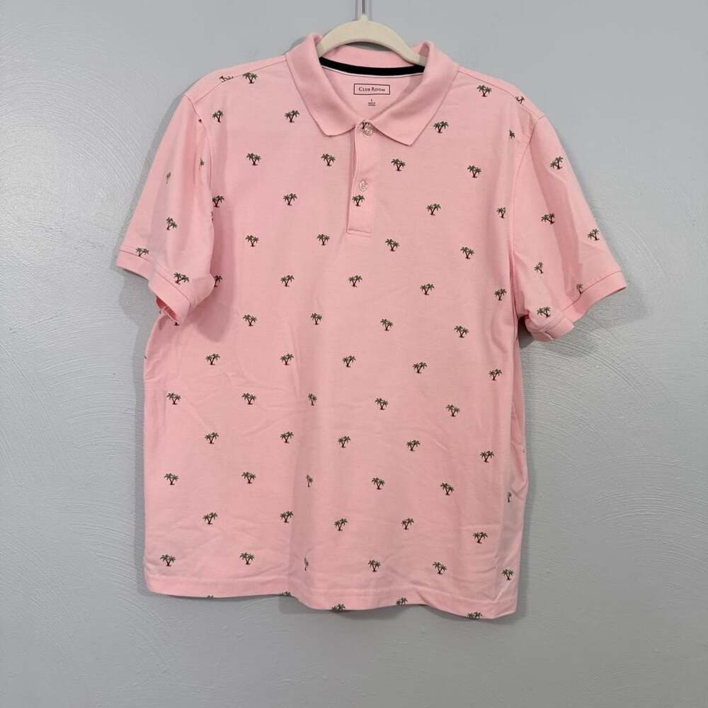 Club Room Tropical Print Polo Shirt Size L Pink Palm Tree